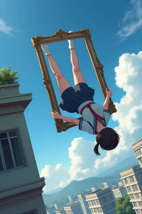 A schoolgirl holding a wall frame with her hands and hanging by arm with her legs facing downward outside the roof of a building 