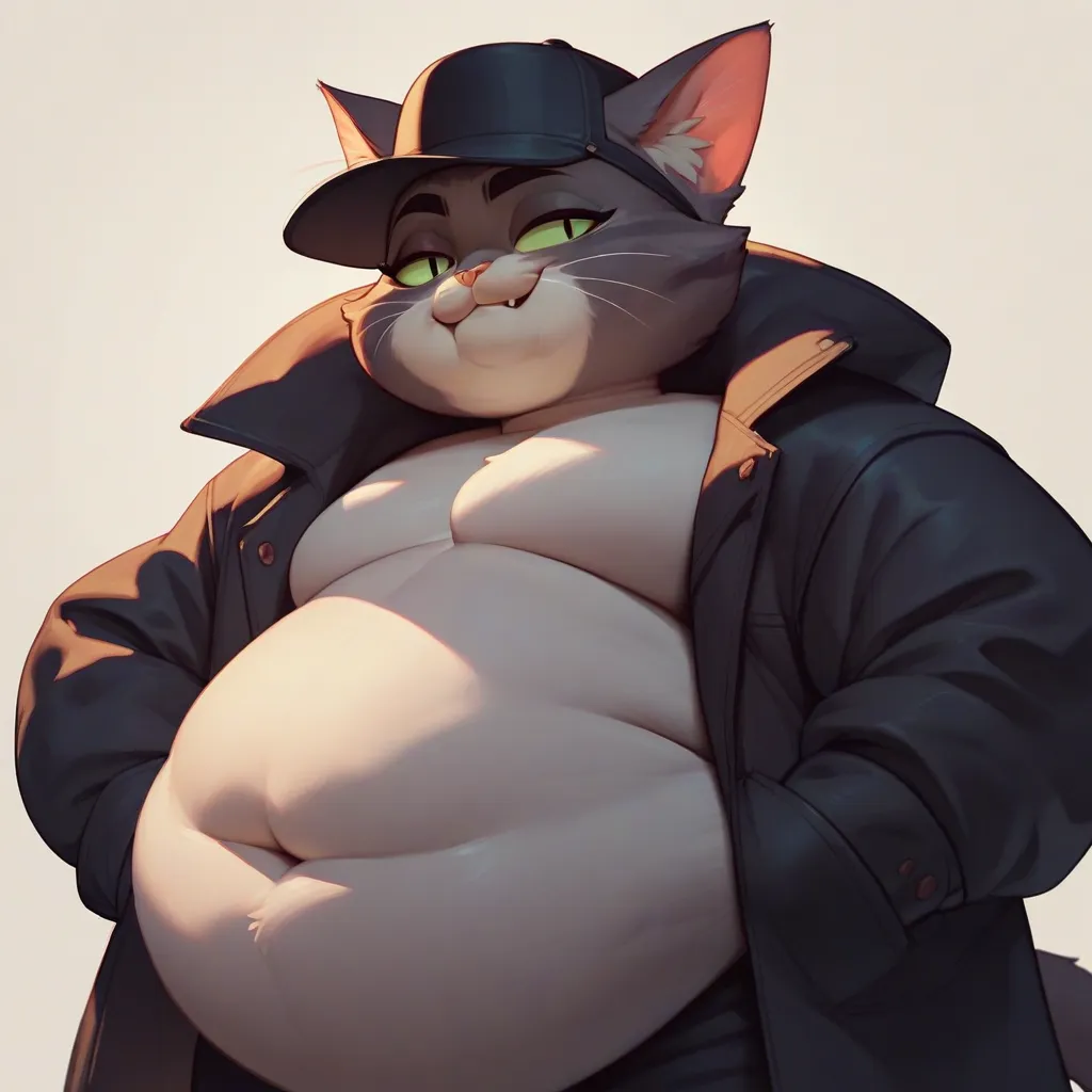 plump cheeks , big belly , cat ears,  black hat, black jacket