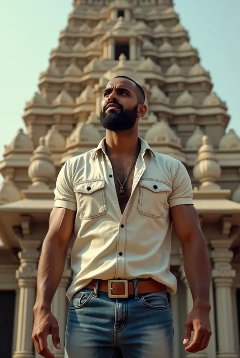 Create a photo in which a person resembling an Indian wrestler ( wearing jeans and full shirt ) standing outside sai temple.