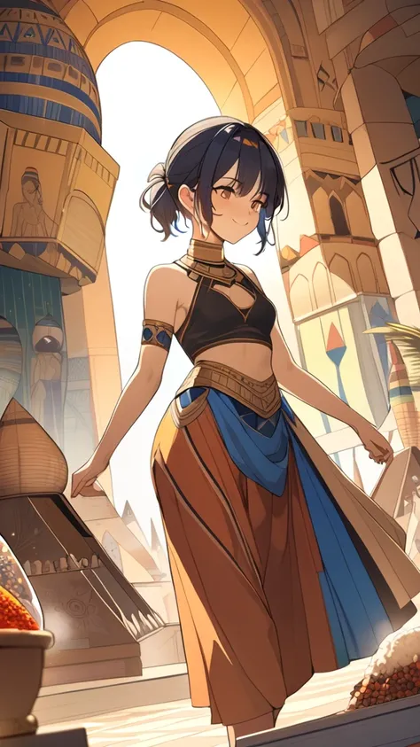 1 girl, ( cute face),  Short Hair, ( Short Ponytail Braided:1.2),  Fantasy Anime Outfit,  Traditional Egyptian Outfits ,  Colorful Skirts ,  small breasts, smile, break,  Nile Market , ( bright sunlight:1.3),  Vibrant Atmosphere , Locals々Exchange , break, ...