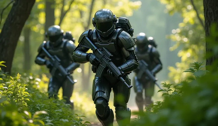 "A squad of soldiers wearing futuristic metal armor is charging through a dense forest, holding advanced assault rifles. The scene captures high detail in Ultra HD, with light filtering through the trees, highlighting the sleek, metallic texture of the sol...