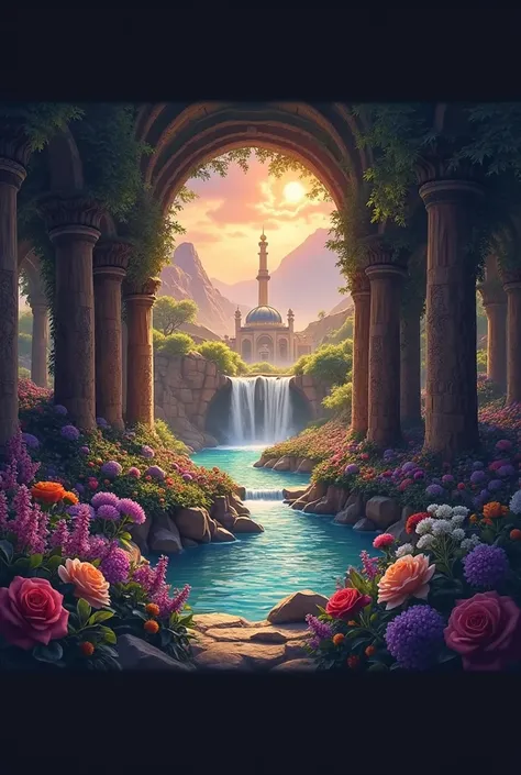 middle East、11 The city was enveloped in the glory of God、Shining like a jewel、Like Jasper〔Like crystal〕It was crystal clear.。Israel- Fantastic - Painting Style Waterfall Soft painting style Brightly colored Bright light a wonderful heavenly garden, rainbo...