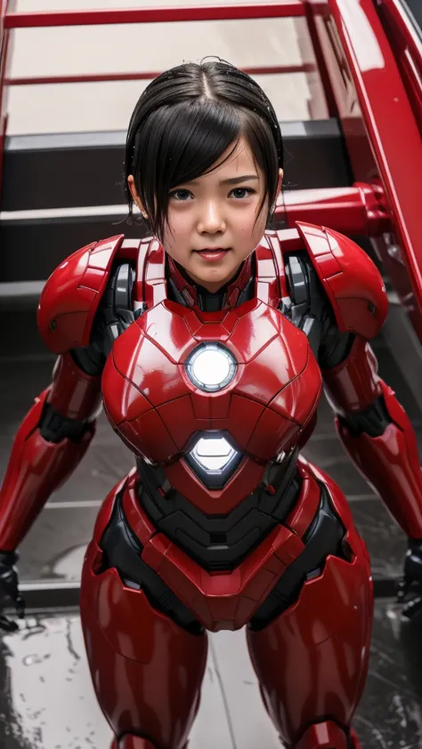 best quality　 8k full body red war machine suit girl　gloss　 elementary school girl 　sweaty face　cute　 short hair　 boyish　steam c...