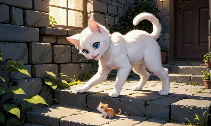 a cute little kitten plays with a mouse it has caught on some stone steps, stone steps to a simple farm house, night
