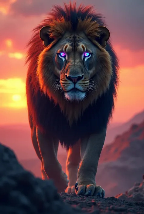 Sunsate in lion in blue and red eyes in lion is dangerous 