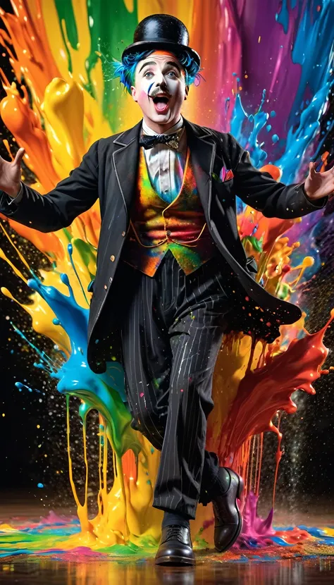  Ultra vivid colors ,  high contrast,  bright colors, ( explosive volumetric :1.8),( Paint crashing and splashing on the screen ),(  depth of field  ), full body view of Charlie Chaplin, face lateral blends into it,((face lateral)),open mouth,( Rainbow hai...