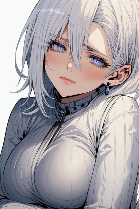 Create a detailed anime illustration of a mature woman with SHORT silver-white hair, icy blue eyes, sharp chin, slender and lithe body with curves, complemented by her large breasts, dressed in a black military tight suit, eyes half closed in a slight frow...