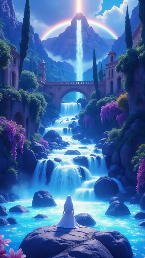 middle East、11 The city was enveloped in the glory of God、Shining like a jewel、Like Jasper〔Like crystal〕It was crystal clear.。Israel- Fantastic - Painting Style Waterfall Soft painting style Brightly colored Bright light a wonderful heavenly garden, rainbo...