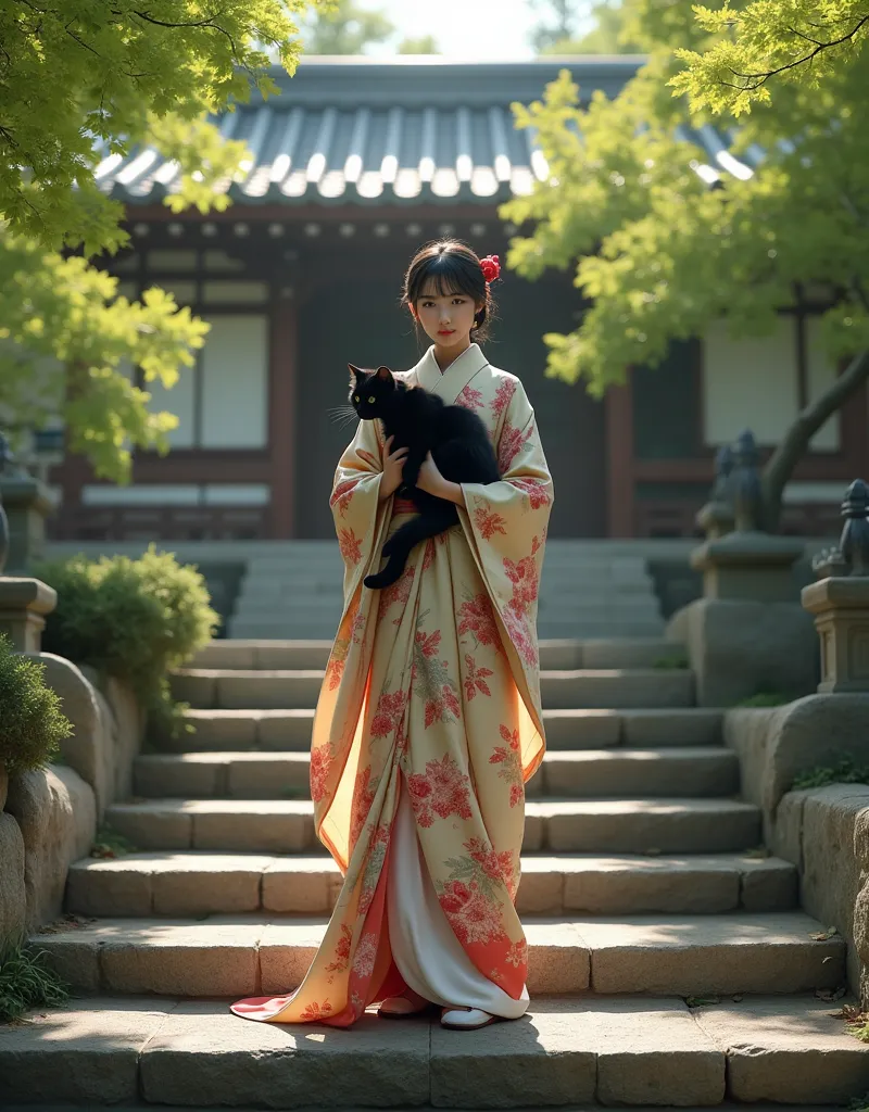 Realistic, theme is "Cat on the stone steps", a woman in a kimono standing on the stone steps of a Japanese temple, the woman is holding a black cat on her chest, it's a cute cat, a refreshing early summer day with green maple leaves rustling in the wind, sophisticated design, advanced lighting technology, real photo 8K quality