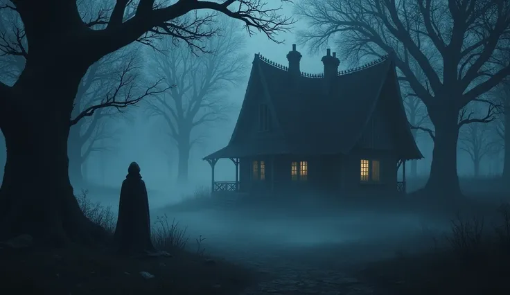 A dark, misty forest at twilight, with a lone, mysterious cottage nestled among ancient trees. The air is thick with fog, and the trees have twisted branches that seem to form an almost protective barrier around the house. A faint light flickers from the w...