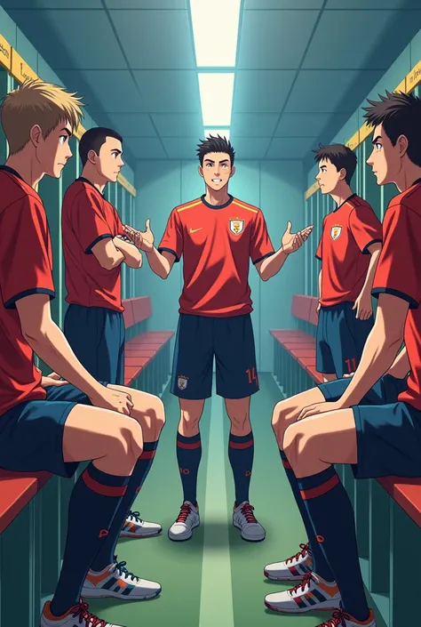 Create an image of some male anime soccer characters in the locker room with the captain talking 