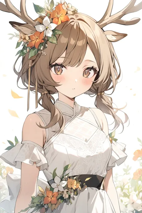 Solo female, Brown hair tied to one side, Deer with antlers, brown eyes,Flower decoration on head