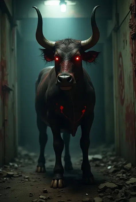 Create me devil lucifer to cow mix up 3d animation image in horror house in background 