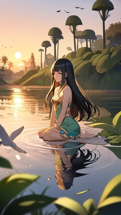 1 girl, ( cute face), ( long hair:1.2), hime cut,  Fantasy Anime Outfit ,  Egyptian Style Dress ,  Simple Beaded Accessory,  small breasts,  Graceful Posture, break,  on the banks of the Nile , ( soft sunset :1.1), Warm Light, Water surface reflection, bre...