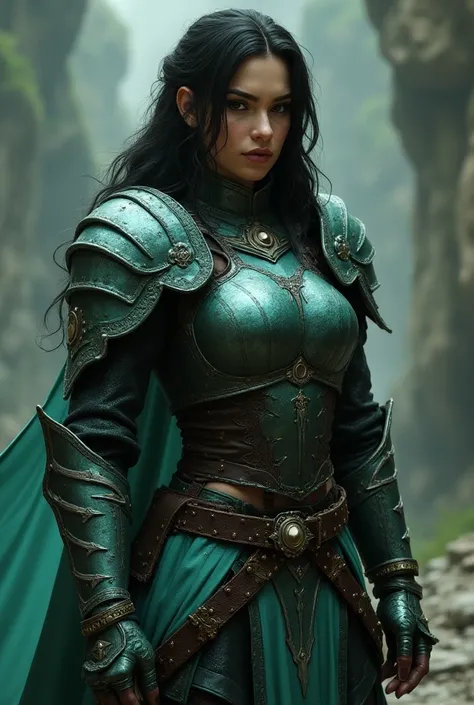 a close up of a DnD Barbarian path of the dragon mixed with black desert online drakania, female, and drakania armor with mint  green accents, dark hair. concept art inspired by Raymond Swanland, trending on Artstation, fantasy art, steel inquisitor from m...