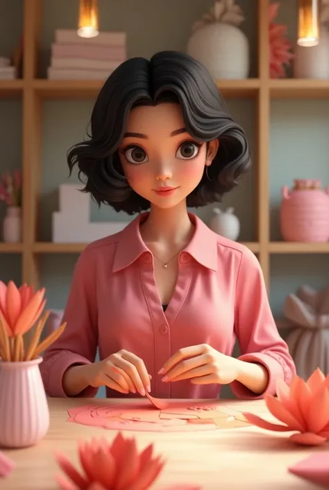 A fair-skinned woman, black eyes short wavy black hair in a stationery store wearing a pink shirt and jumpsuit showing her outgoing personality and creativity in making paper flowers 