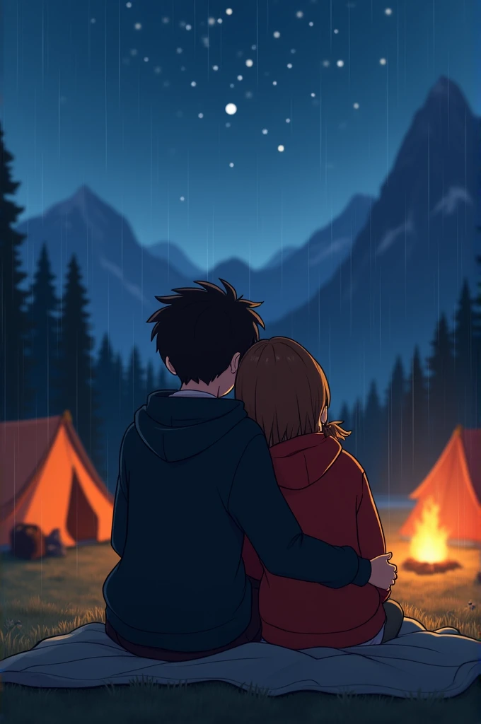 Boy and girl sitting together. Boys arms wrapped around the girls waist. Girl is resting her head on the boys shoulder. Boy on the left and girl on the right. To the right of the girl, is a campfire. Can have about 5 to 6 tents here and there spread out. S...