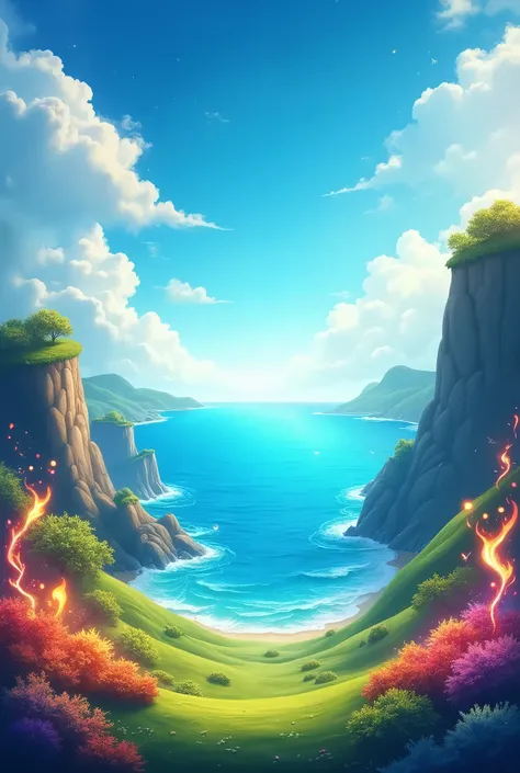  Board background for a Candy Crush style game , that evokes a magical and elemental world .  The design must be vibrant and colorful ,  with a smooth transition between the four elements : land, Water, fire and air.  at the bottom , un paisaje de land fér...