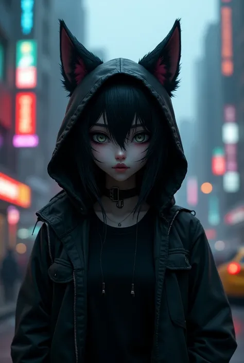 por angiewolf, Hioshiru, pure,  anthropomorphic , eyes, Alone, clothes, for the, 2022, black clothes, Hoodie, black top, Eyes with eyelids , Black jacket ,  cyberpunk city background 