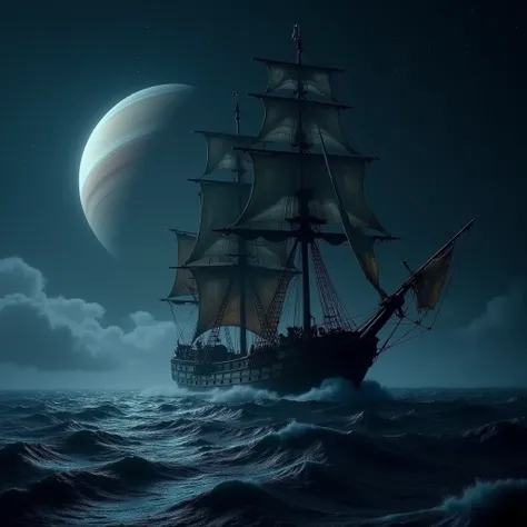 A pirate ship that travels through the ocean at night ,  Saturn is located in the left corner of the sky, Night Sky