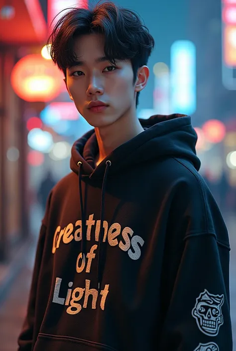 a handsome guy Korean artist is young in twoblock hair style
using a hoddie inscribed Steza Greatness of light 