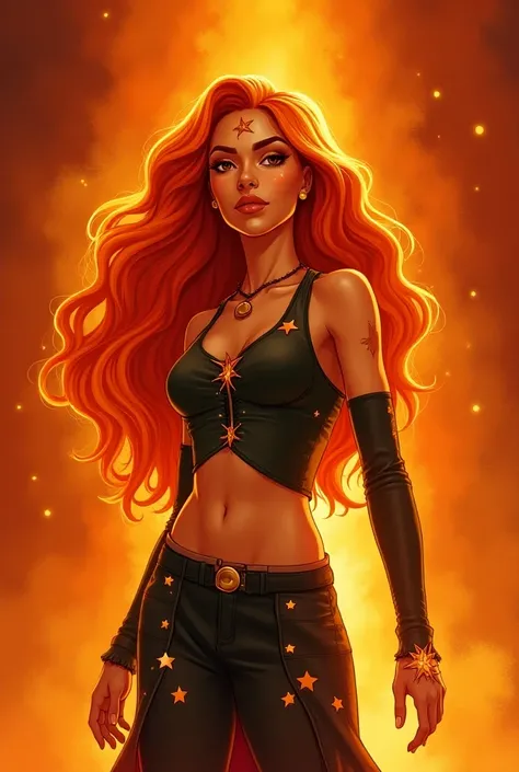 A Illustrated cartoon of a woman with orange hair in orange-red tones, with stars on her clothing. She has a brave, determined pose, embodying mystery, warmth, and the essence of the star Antares.