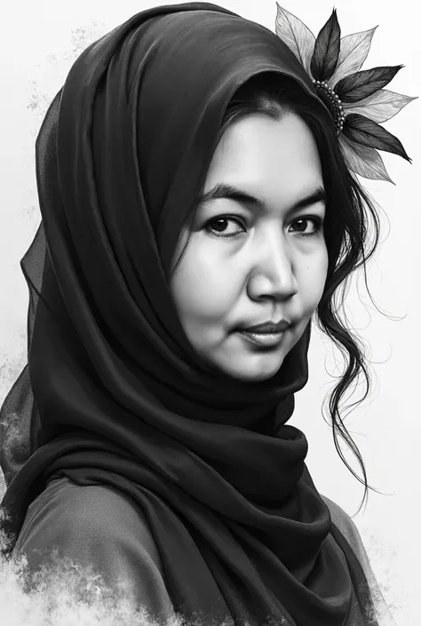 painting of a Malay woman with a black scarf and a flower in her hair, Charcoal art, black and white Illustration, jinyoung shin art, artwork in the style of guweiz, guweiz, guweiz masterpiece, by Kim Hwan-gi, jingna zhang, realistic. cheng yi, by Zhang Ha...