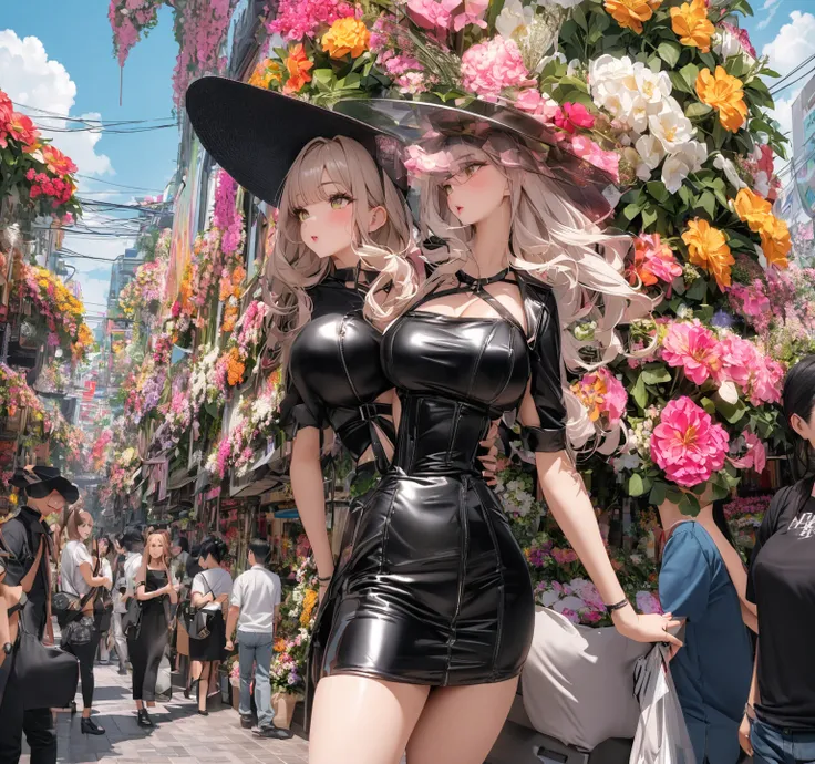  Hot pretty woman wearing black leather dress and hat, small waist, big breasts, top half view, บรรยากาศ  Bangkok flower street life