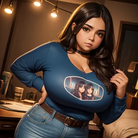 90s dark vintage film style, A petite cute slightly chubby Mexican emo woman, long volumetric emo style brown hair, beautiful detailed brown eyes, cutely detailed lips, cute highly detailed eyes and face, round shape face, voluptuous breasts, deep cleavage...