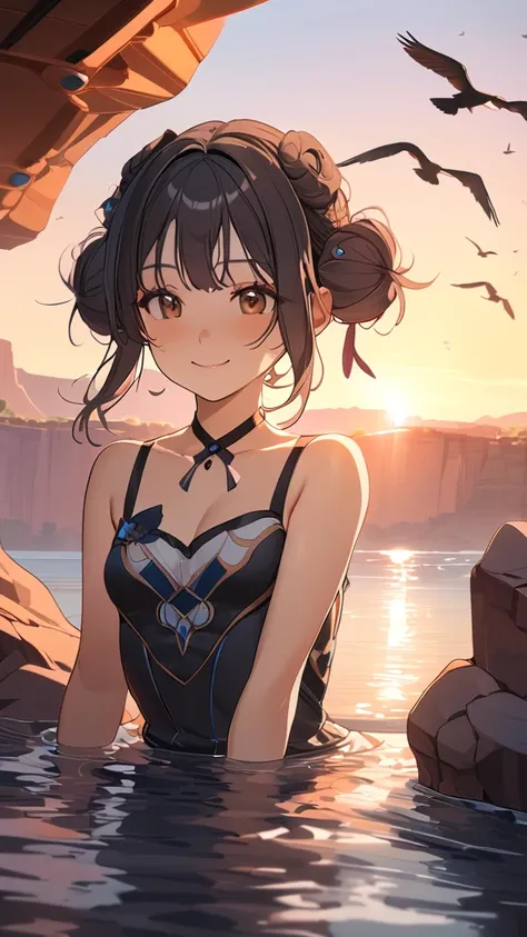 1 girl, ( cute face), ( Medium Hair:1.2),  bun hair,  Fantasy Anime Outfit ,  small breasts, smile, break,  Grand Canyon Waterfront, (Fantastic Light:1.2), Water surface reflection, Gentle breeze, break, Brilliant Rock Tints , Sunset sky, Sounds of Nature,...