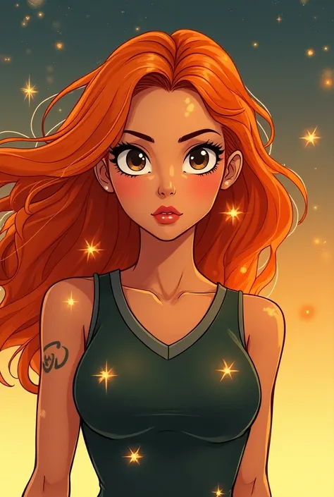 A Illustrated cartoon of a woman with orange hair  with stars on her clothing. She has a brave, determined pose, embodying mystery, warmth, and the essence of the star Antares.