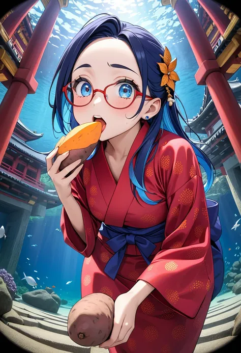 (best masterpiece, high resolution: 1.5), (8K, RAW photo, fisheye effect, perfect anatomy, golden ratio: 1.3), pointillism, professional photography, gaze, lone Japanese idol, (real: 0.5 ), (Eating sweet potatoes: 1.5), (Sweet potato pattern, red yukata: 1...