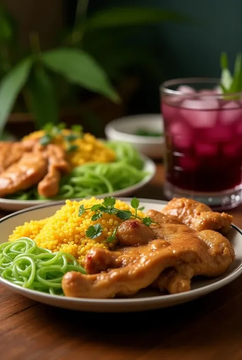 Menu:  a plate of Manaba cheese soup ,  a plate of yellow rice with green noodles and baked chicken, And a glass of blackberry juice  