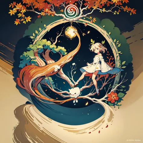 Circular Trees,four seasons,spring,summer,autumn,winter,leaf,roots,[branch,trunk,Gorgeous border,Decorative,digital Illustration,artwork,Movement,time,Swirling Background,Dark Background, Vivid Colors,nature,Life Cycle,growing up,change,nature,life,peace,H...