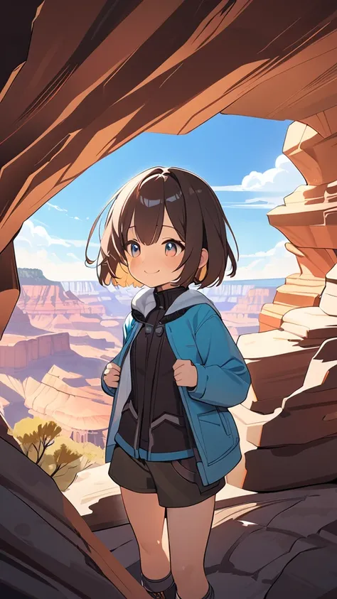 1 girl, ( cute face),  Short Hair, ( Fluffy Short Bob :1.2),  Outdoor-Style Jackets,  Fantasy Anime Outfits,  medium chest, Natural smile, break,  Grand Canyon Trails , ( bright sunlight:1.3),  Bright Blue Skies ,  Natural Light Contrasts , break, Spectacu...