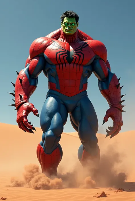 Prompt to create a picture of a  ultra hybrid combination of a spider-man and a incredible hulk together in a sandy desert