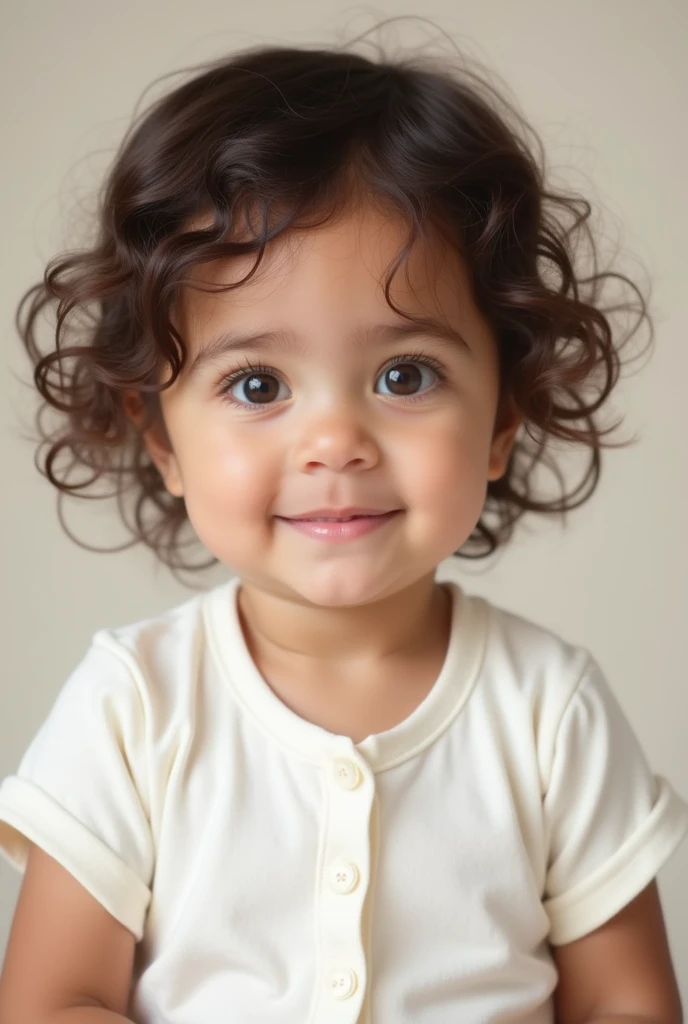 Make a realistic photo of a baby light skin Mexican girl with loose brown short curly hair wearing a white onesie