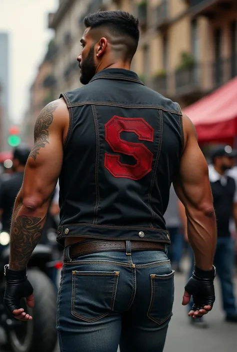 Hyperrealistic hunky super Latin handsome man with short beard super stocky with tattoo on one arm big biceps strong and muscular legs in tight bulging jeans (((Between the leg big bulge exaggerated bulge big buttocks ))) with great fashion shirt and black...