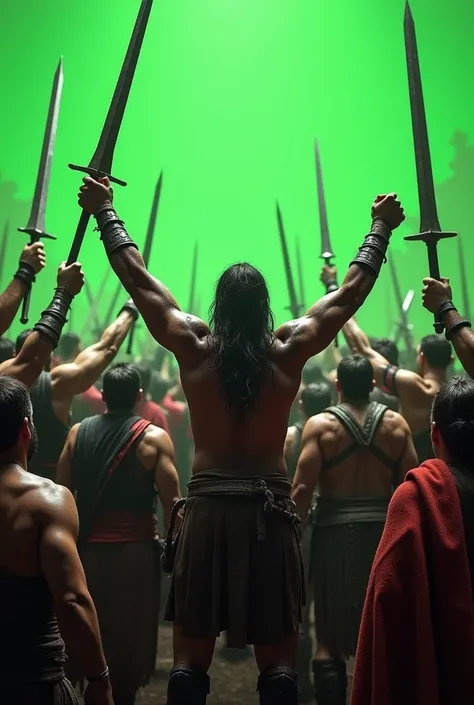 Create a image of  all warriors raising their camera angle is behind all of them with green screen in background show their backs make it a lot of warriors but show about their waist.
