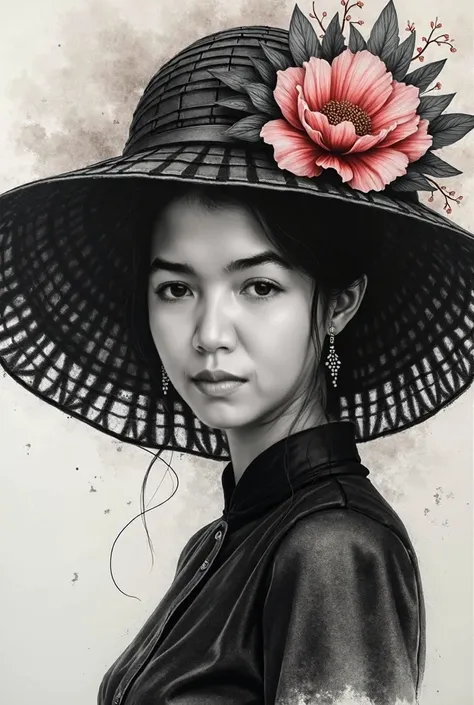 Charcoal art painting of a Malay woman with a big hat and a flower in her hat, black and white Illustration, jinyoung shin art, artwork in the style of guweiz, guweiz, guweiz masterpiece, by Kim Hwan-gi, jingna zhang, realistic. cheng yi, by Zhang Han, jis...