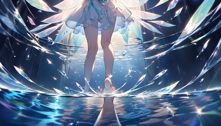 First person POV, fairy flying low over a crystal-clear stream, magical perspective showing delicate fairy hands at the edges of view, with translucent wings visible in peripheral vision. Below, a subtle, rippling reflection dances on the waters surface, d...