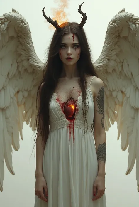  Image of a white girl with long brown hair  ,  wearing a long white dress ,  with huge angel wings on her back ,  on her head she has a burning aureole and several thorns come out of her forehead that leave her face bleeding, She has tattoos on her face ,...