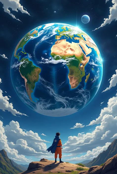 an awe-inspiring anime and manga-style illustration of the Earth, set against an epic background, drawing inspiration from Masashi Kishimotos distinctive art style, known for Naruto. Infuse the scene with Kishimotos characteristic character design, dynamic...