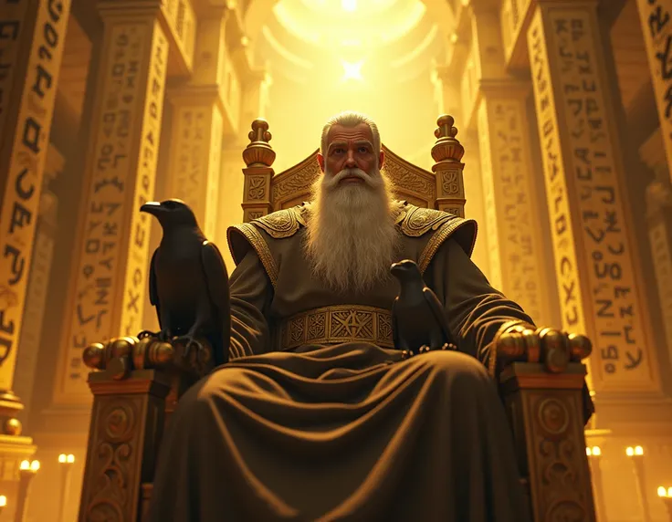  The image would be centered on Odin ,  seated on his imposing golden throne ,  surrounded by an aura of wisdom and mystery . Your face,  marked by time and knowledge , displays a serious look ,  but filled with profound wisdom . by your side, His two rave...