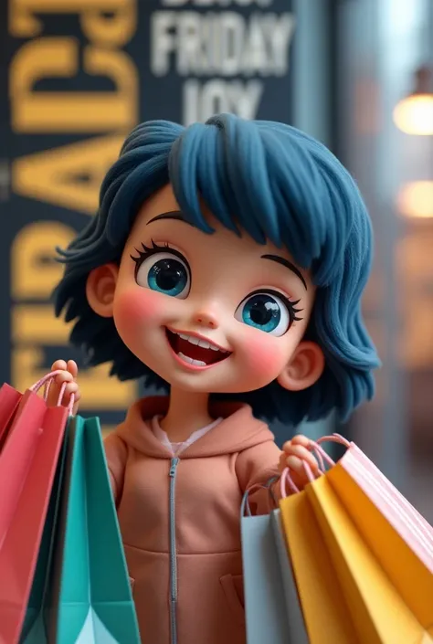 Playfully realistic 3D joy doll with dark blue hair with radiant expression. Are you happy shopping with bags in your arms and a Black Friday sign with black and yellow letters 