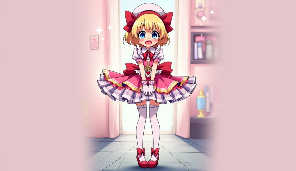 A juvenile juvenile with short blonde hair and an ahoge, wearing a magical girl outfit with a white beret hat with a large bow, a frilly colorful dress with a flared skirt, puff sleeves, and frills, a large bow on the back, white gloves , pink wristbands, ...