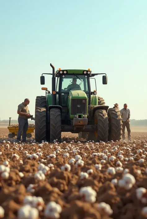 Agricultural tractor in the process of planting cotton, let the view of the tractor from the rear seyalka be seen , depict planting on flat ground ,  let there be several people next to it farmer helpers etc