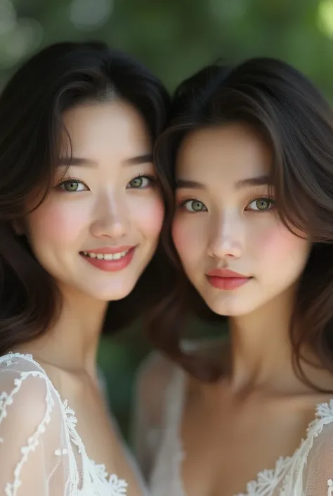 Beautiful Asian brunettes, Very detailed, 2, visage innocent, natural wavy hair, yeux verts, high resolution, masterpiece&#39;work, best quality, intricate details, Very detailed, mise au point nette, detailed skin, grain de beauté en dessous de loeil, Rea...