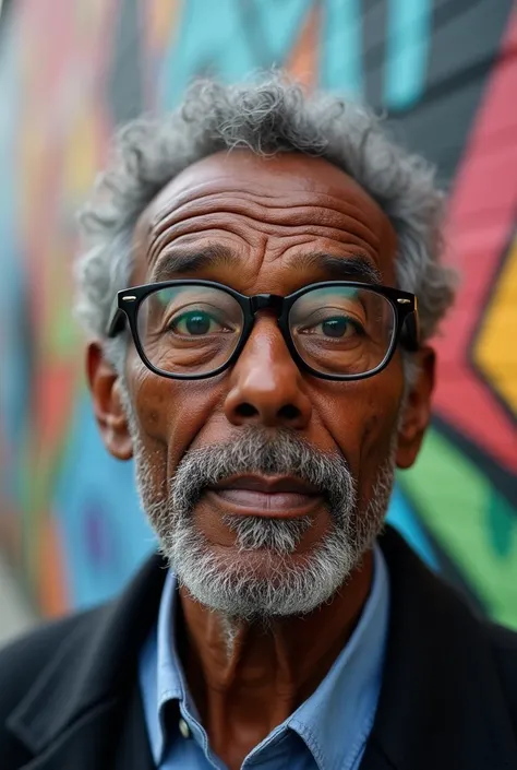 close up of an older black man with glasses mural on a 3 story residential building wall in San Francisco, highest definition, highest detail, highest quality 