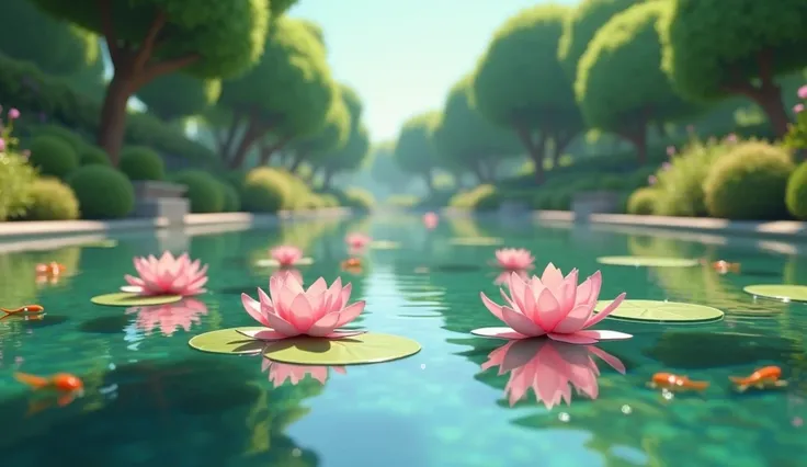 In cinematic 3d cartoon style "A Tranquil Pond with Lotus Flowers**
   - **Prompt:** "A serene pond in the center of the garden with blooming lotus flowers floating on the water’s surface. Small fish can be seen swimming, and the water is clear and reflect...